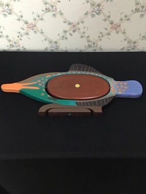 Tropical Fish Vintage Hand-Painted Hand Carved Wooden Collapsible Basket Unused.